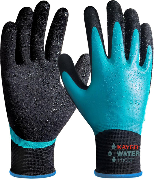 KAYGO Waterproof Work Gloves for Men and Women, Rubber Coated Non-slip Working Gloves for Garden, Outdoor Construction,3 pairs,Blue,M