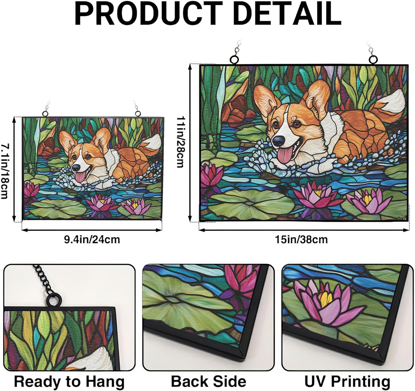 Customized Rectangle Boho Corgi in Lily Pond Stained Glass Suncatcher Window Hanging, Gothic Christmas Ornaments for Fiction Lovers, Dinosaur Room Decor for Nursery New Home Gifts