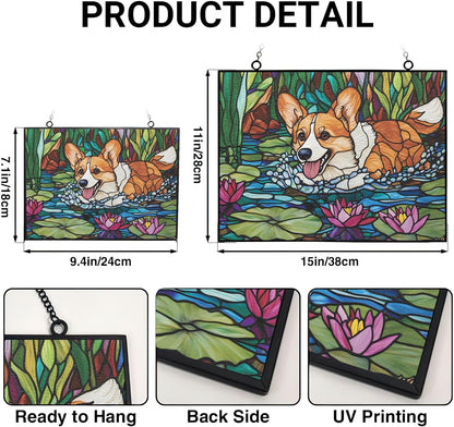 Customized Rectangle Boho Corgi in Lily Pond Stained Glass Suncatcher Window Hanging, Gothic Christmas Ornaments for Fiction Lovers, Dinosaur Room Decor for Nursery New Home Gifts