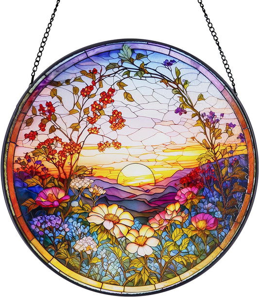 Stained Glass Window Hanging Sunset Suncatcher, Renyalora 10 Inch Round Real Glass Panel with