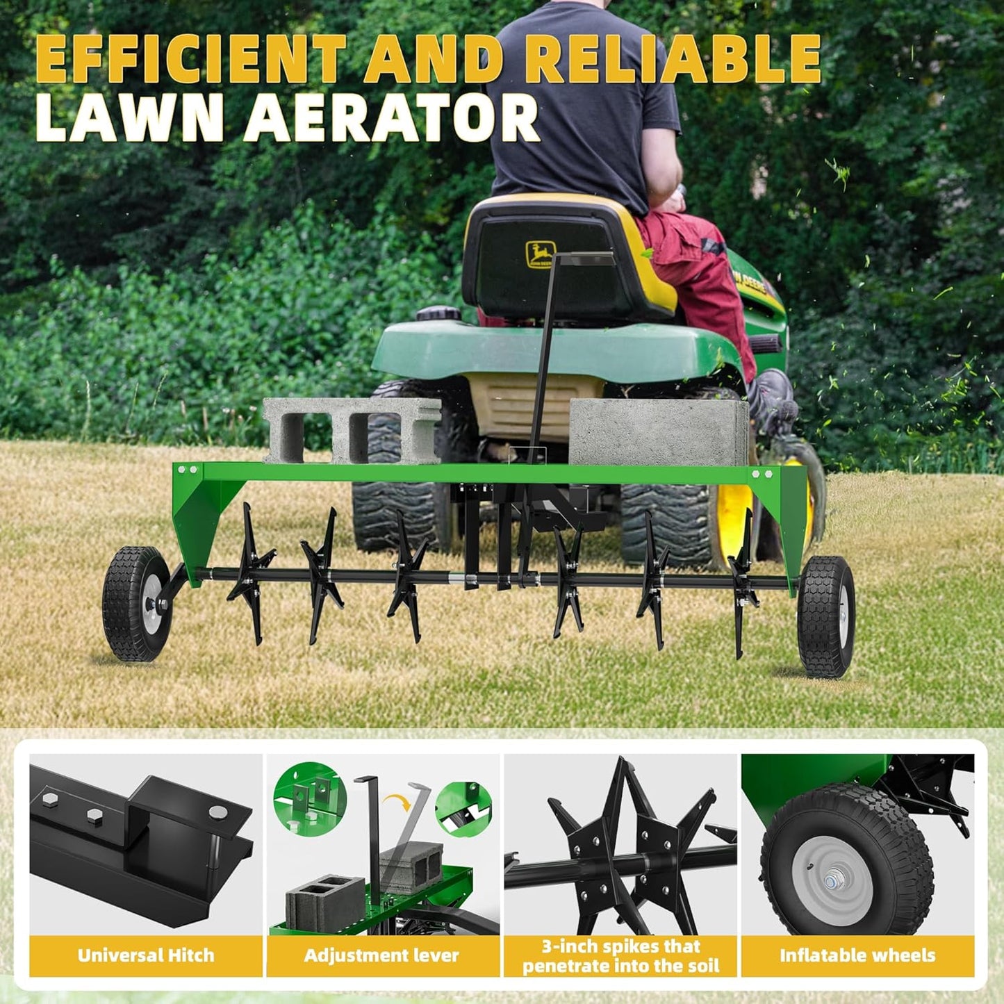 40" Lawn Aerator Tow Behind, Pull Behind Aerator with Universal Hitch, 24 Galvanized Steel Tines, Tray and Pneumatic Tires, Plug Behind Aerator is Suitable for Gardens, Lawns and Farms