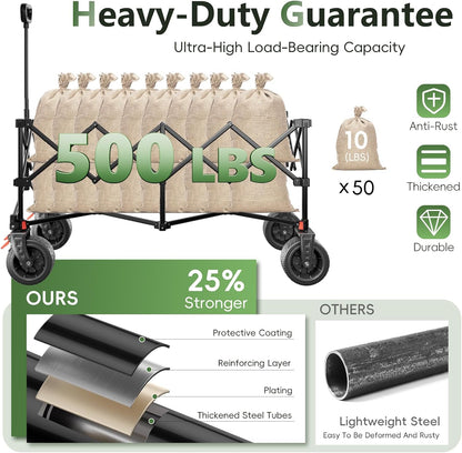 46" L Collapsible Foldable Extended Wagon, 500LB Weight Capacity with 280L Heavy Duty Folding Cart,Utility Wagon with All-Terrain Beach Wheel & Drink Holders,Black