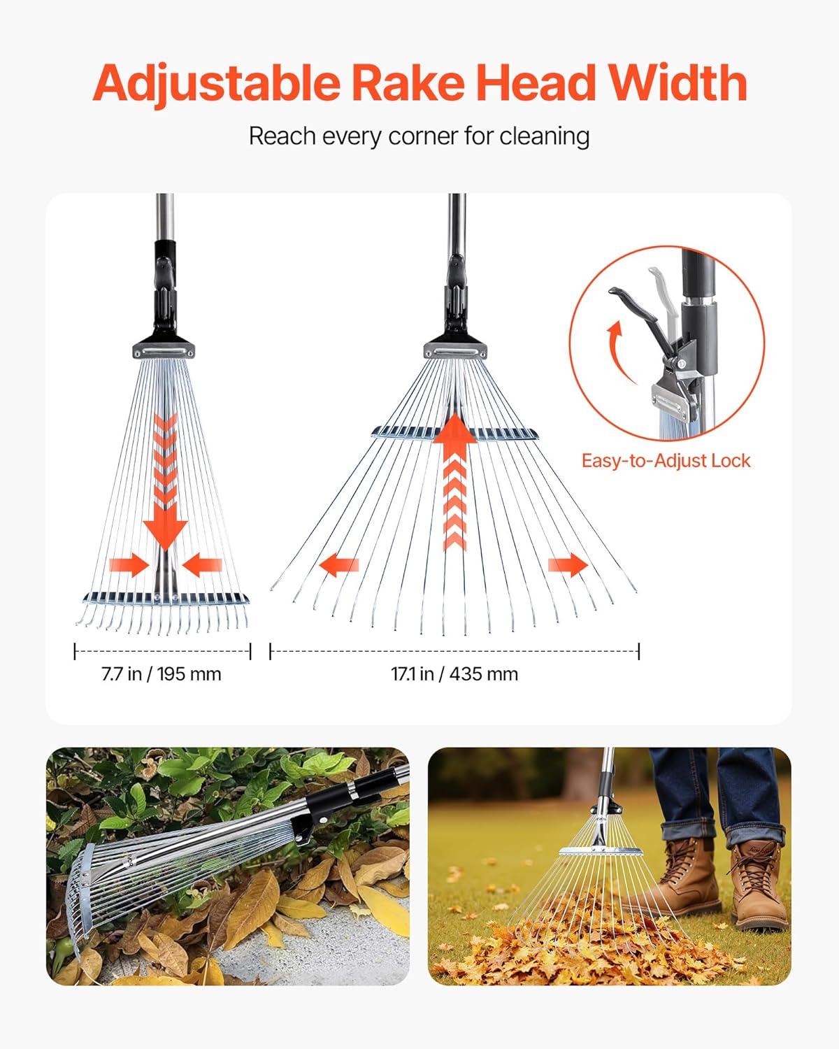 VEVOR Leaf Rake, 18 Metal Tines, Adjustable Garden Rake for Lawns with 7.7-17.1 Inch Head & 32.3-55.6 Inch Long Handle, Heavy Duty Stainless Steel Small Leaves Tool for Gardening Camping Yard Grass