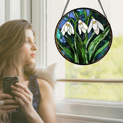 Stained Glass Window Hanging - Green Plants Birth Flowers Suncatcher for Doors Garden Patio Sun Catchers Decor Christmas Mother's Day Birthday Gifts for Women Men Mom Nana Friend 11.8 in