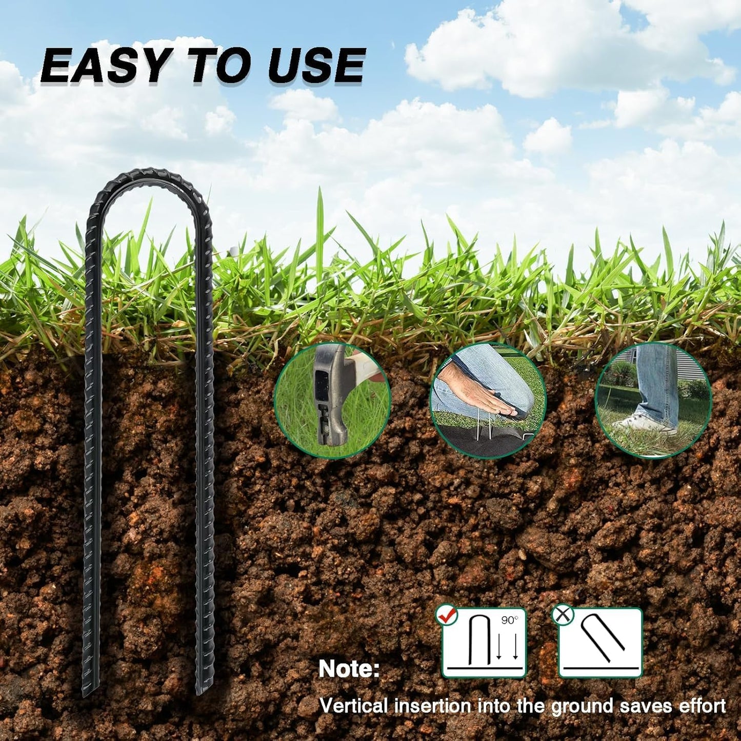 12 Inch Rebar Stakes Heavy Duty, 6 Pack Garden Stake U-Hook, Electrostatic Rust Proof Metal Stakes for Tent, Landscape,Outdoor Decorations, Fabric Ground Cover, Tube Fixing (Black, U-12in-6pc)