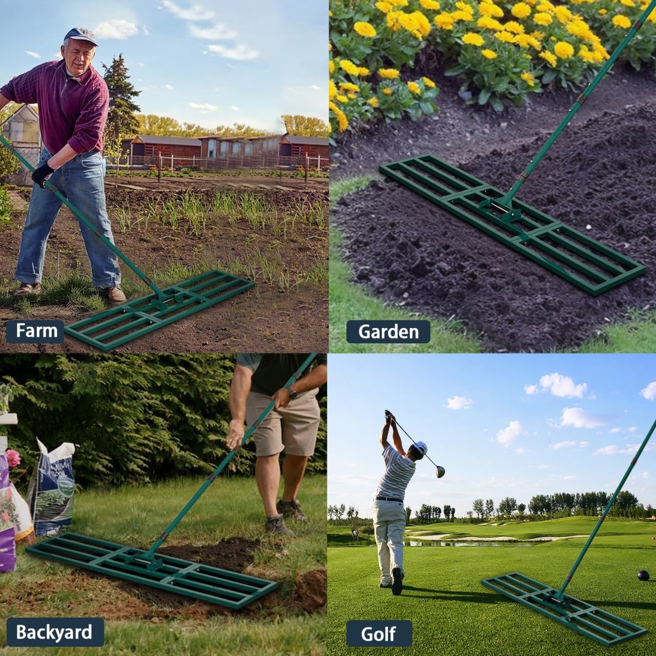 Lawn Leveling Rake Heavy Duty Stainless Steel Lawn Leveler Tool 45”x10” with 78” Adjustable Long Handle Yard Level Rake for Soil, Ground,Backyard Dressing,Golf Field,Garden Tools Grass Seed