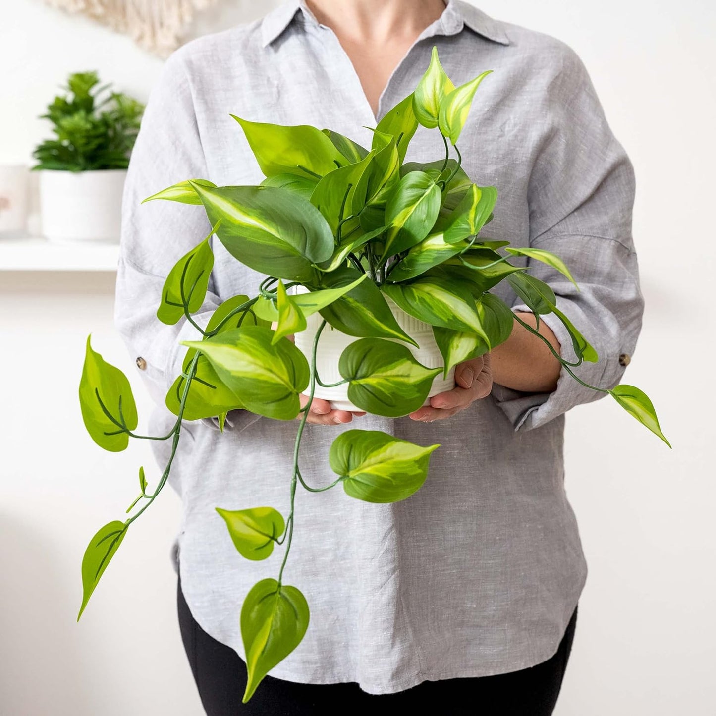 Kurrajong Farmhouse Dark Green Fake pothos | Fake Plant for Shelf Decor | Artificial Trailing Ivy Plant with 5" Wide x 3.5" high Ceramic Pot Faux pothos Plant for Floating Shelves