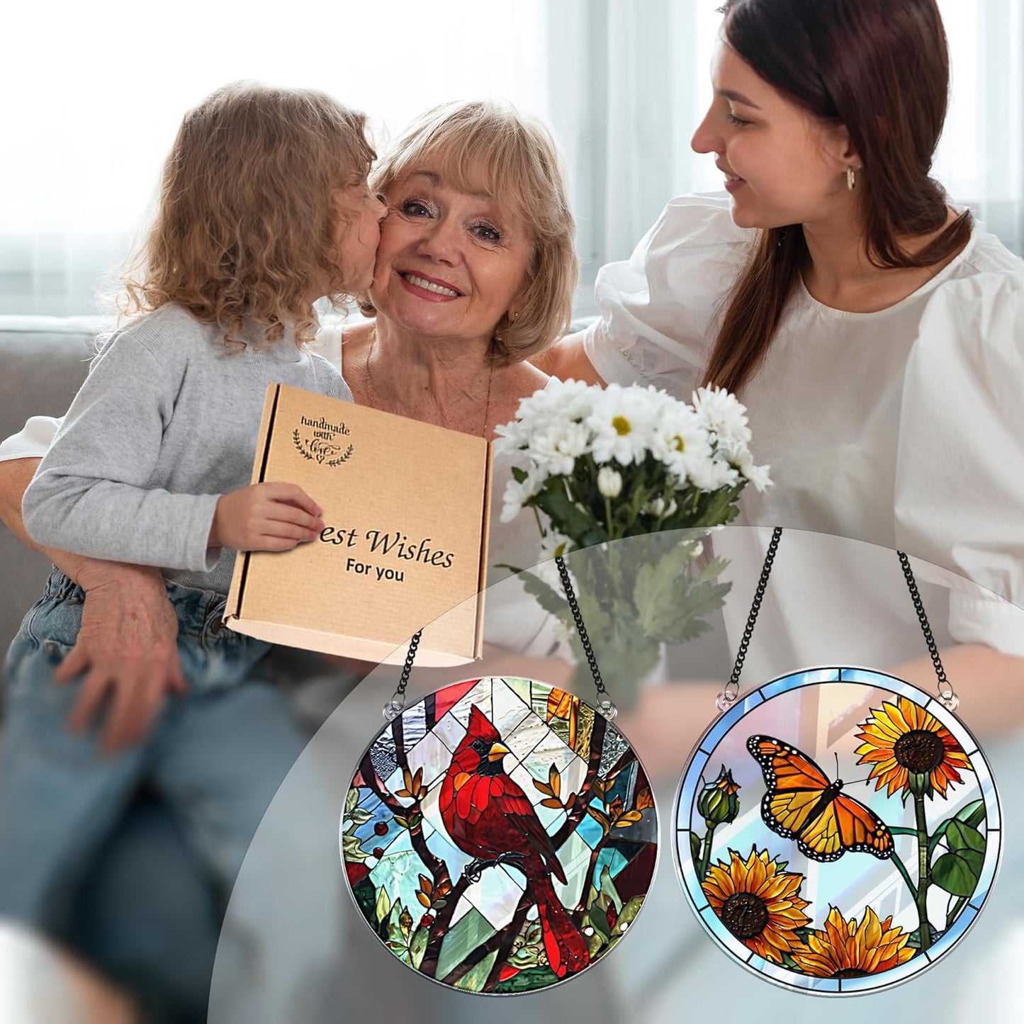 2 Cardinal Butterfly Acrylic Suncatcher, Art Decor for Home, Suncatcher for Window Hanging Indoor, Garden, Housewarming, Gift for Mom, Grandma, Women, Friend, Bird Lover SCB-A6-B4