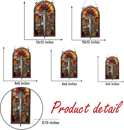 Rose Sword Acrylic Suncatcher Stained Glass Effect Window Car Hanging Christmas Ornament Indoor Outdoor Decor Garden Sun Catcher Panel Gifts for Fantasy Lover for Women Mom Grandma