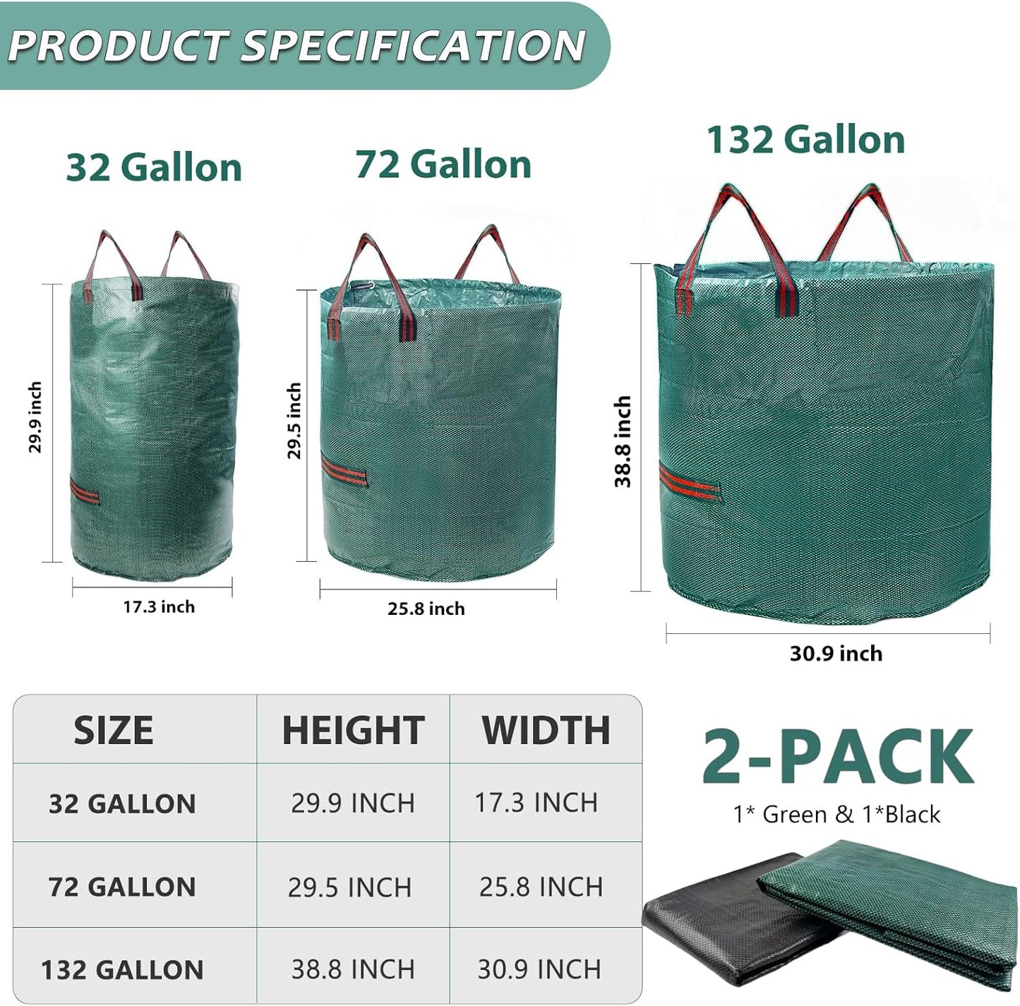 2 Pack 32 Gallon Reusable Yard Waste Bags (Green + Black), Collapsible Heavy Duty Lawn & Leaf Bags with Reinforced Handles for Leaf Collection, Yard Cleanup, Storage
