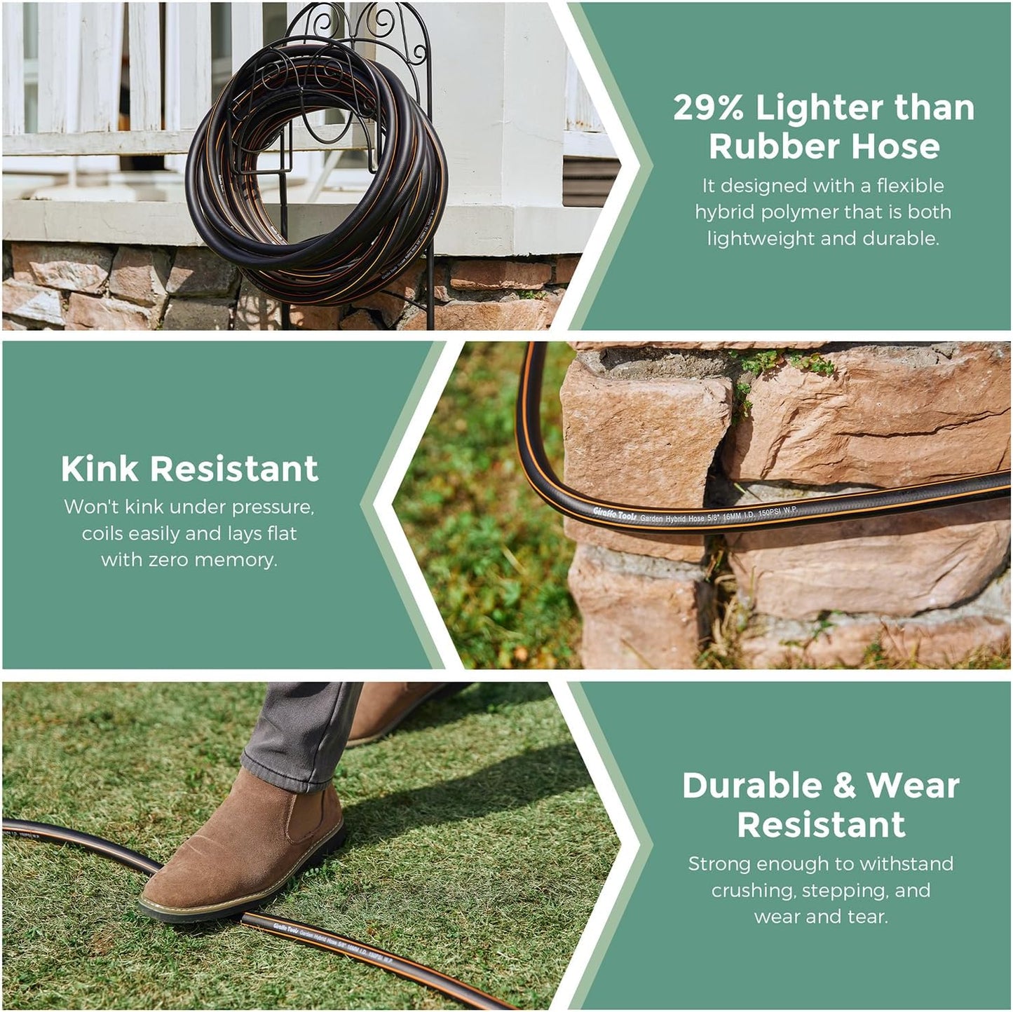 Giraffe Hybrid Garden Hose 5/8" x 100ft, Custom Length, NO Kink, Flexible, Leakproof Hose with Male to Female Fittings, 600 Burst PSI