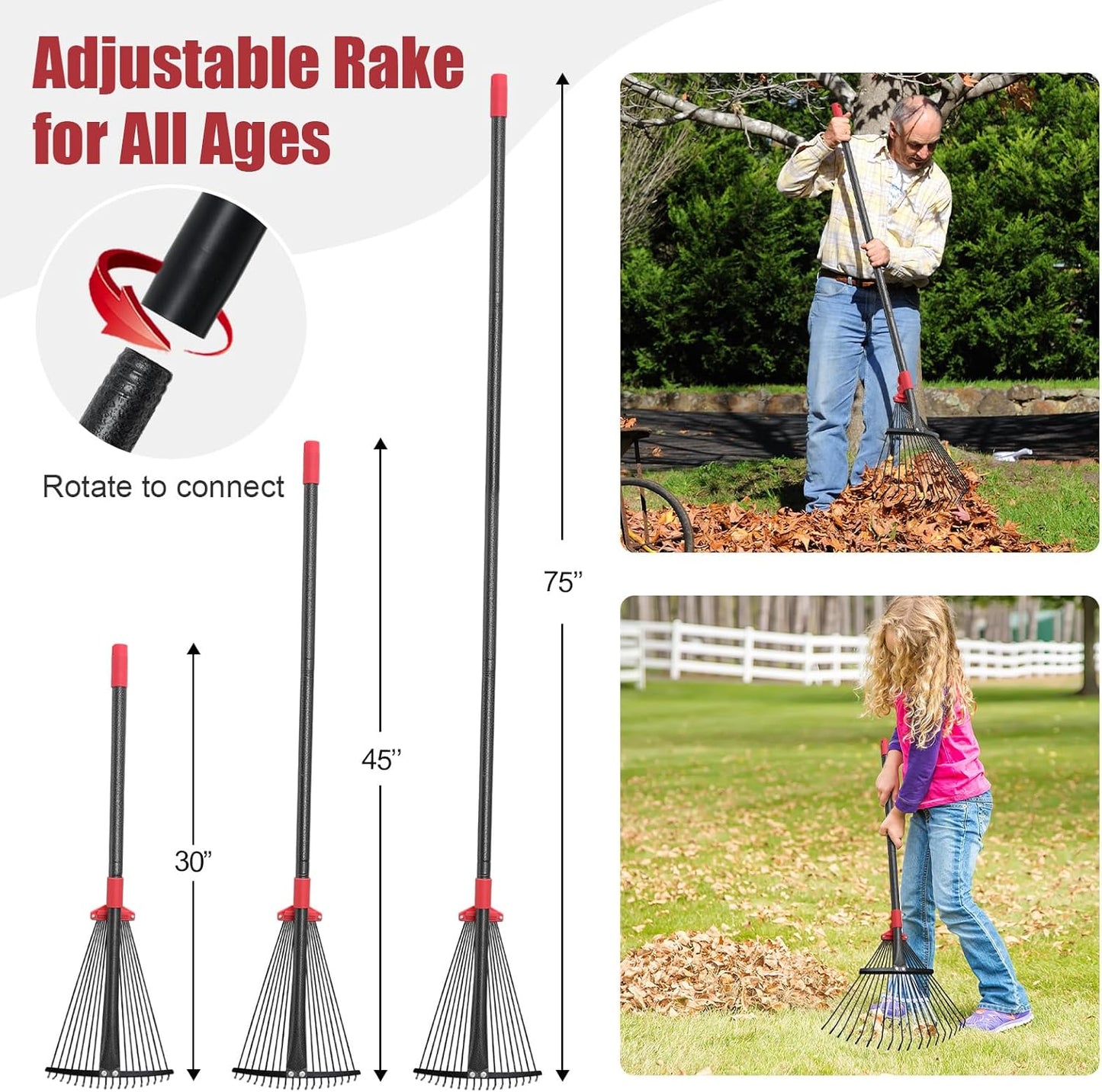Garden Rake for Leaves: 55 Inch Adjustable Long Handle 18 Metal Tines with 8-17" Expandable Head Heavy Duty Metal Rake for Lawns Leaves Yard Grass Camping Debris
