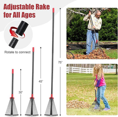 Garden Rake for Leaves: 70 Inch Adjustable Long Handle 18 Metal Tines with 8-17" Expandable Head Heavy Duty Metal Rake for Lawns Leaves Yard Grass Camping Debris
