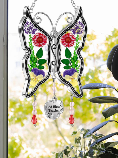 KY&BOSAM Butterfly Suncatcher God Bless Teacher Stained Glass Sun Catcher for Windows Hangings Wind Chimes with Metal Heart Charm Birthday Gifts for Teacher`s Day Christmas Color Box Package