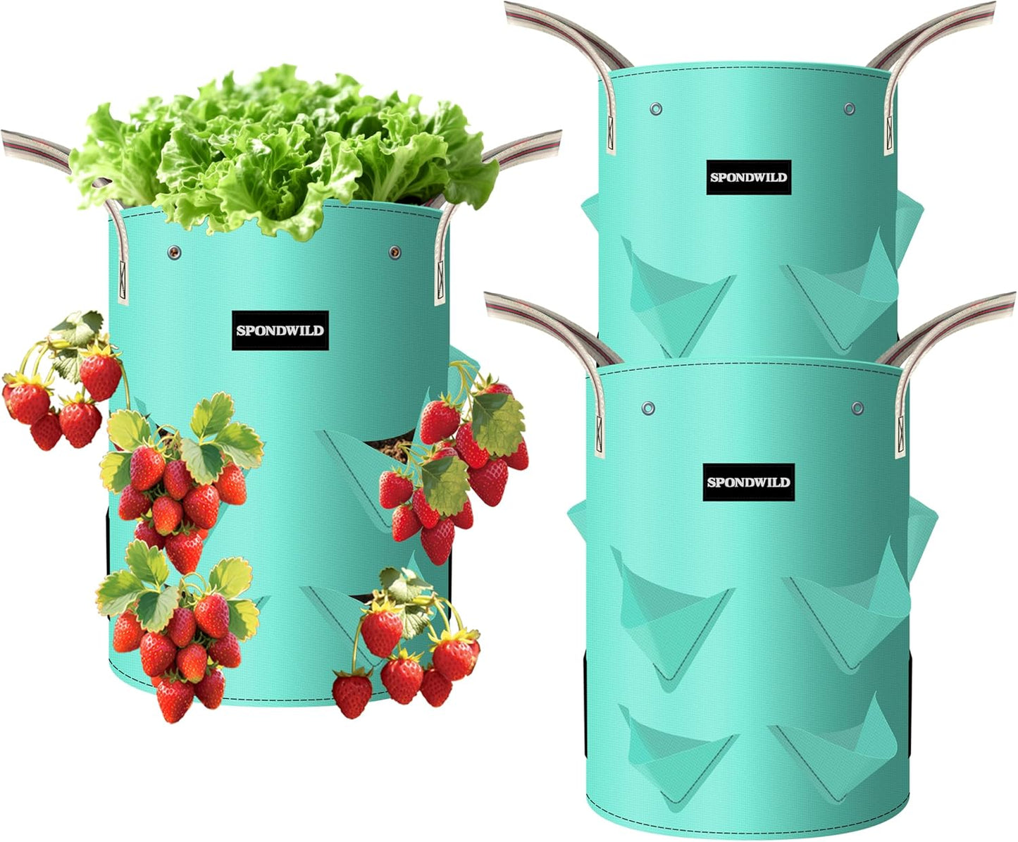 3 Pack 10 Gallon Strawberry Grow Bags, Heavy Duty Reusable PE Pots with Breathable Window, Branch & Drainage Holes, Reinforced Handles for Strawberries, Veggies, Flowers, Balcony/Patio Use