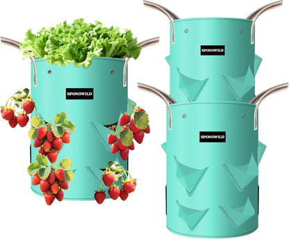 3 Pack 10 Gallon Strawberry Grow Bags, Heavy Duty Reusable PE Pots with Breathable Window, Branch & Drainage Holes, Reinforced Handles for Strawberries, Veggies, Flowers, Balcony/Patio Use