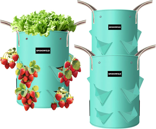 3 Pack 10 Gallon Strawberry Grow Bags, Heavy Duty Reusable PE Pots with Breathable Window, Branch & Drainage Holes, Reinforced Handles for Strawberries, Veggies, Flowers, Balcony/Patio Use