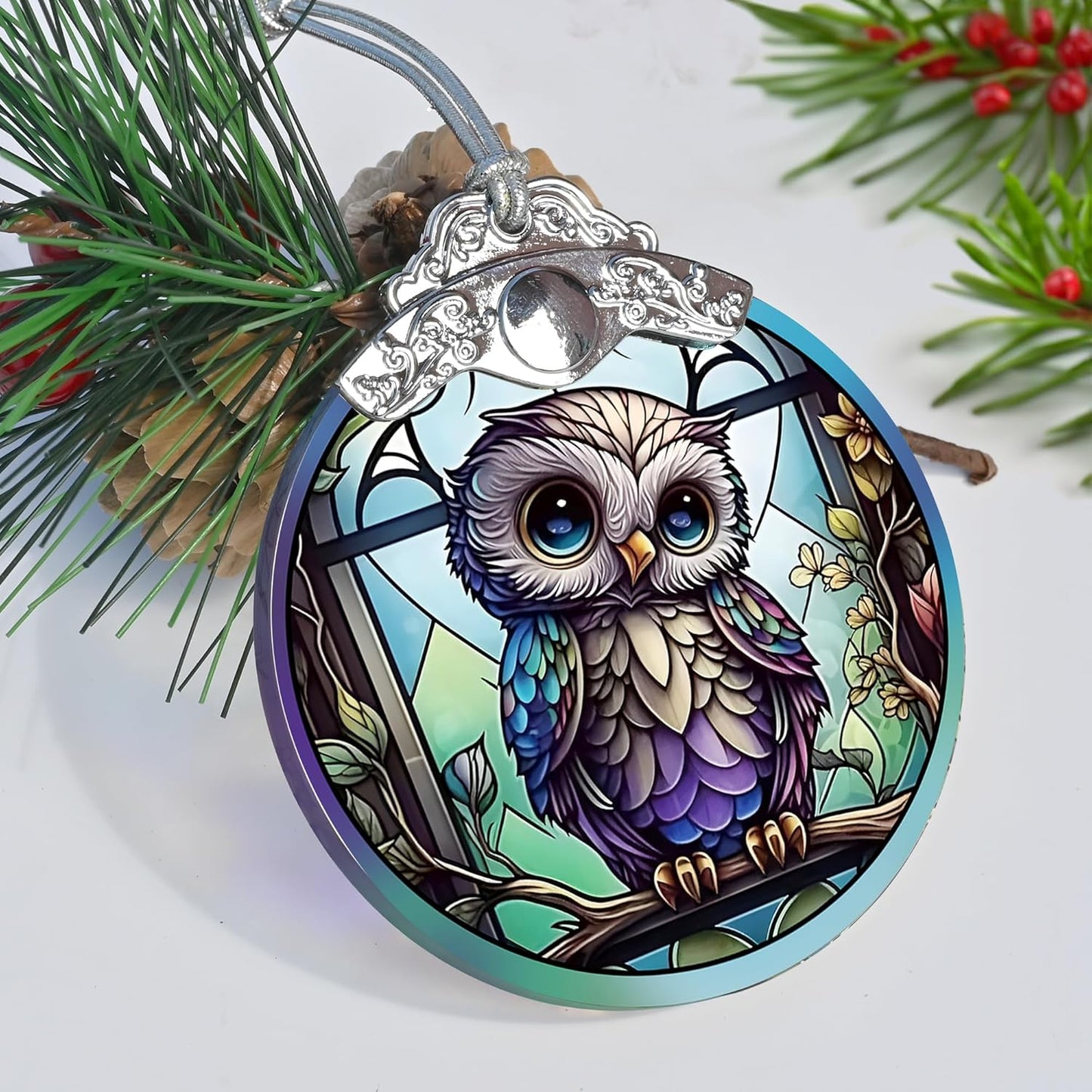 Owl Christmas Ornaments - Stained Glass Holiday Decorations, Tree Ornaments, Xmas Gifts for Owl Lovers