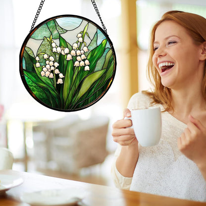 Stained Glass Window Hanging - White Green Lily of The Valley Suncatcher for Doors Garden Terrace Plant Sun Catchers Decor Mother's Day Birthday Flowers Gifts for Women Men Mom 11.8 in