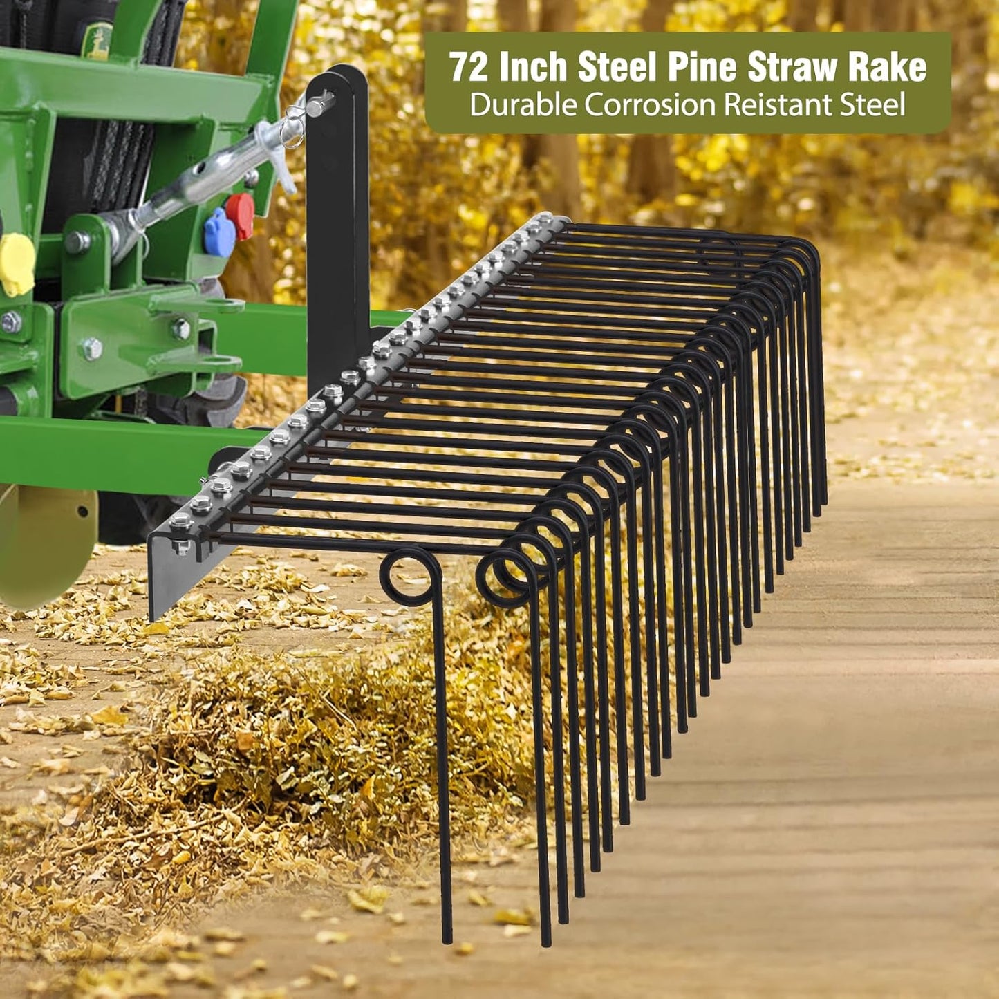 GAOMON 72 Inch Pine Straw Rake, 30 Coil Spring Tines Durable Powder Coated Steel Tow Behind Landscape Rake with 3 Point Hitch Receiver Attachment Fit to Cat0 Cat 1 Tractors for Leaves Grass, Black