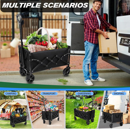 Collapsible Wagon Cart with 360lbs Weight Capacity, Lightweight Portable Foldable Wagon Cart with Wheels, Large Capacity Utility Wagon for Garden, Sports, Shopping, Grocery, Camping