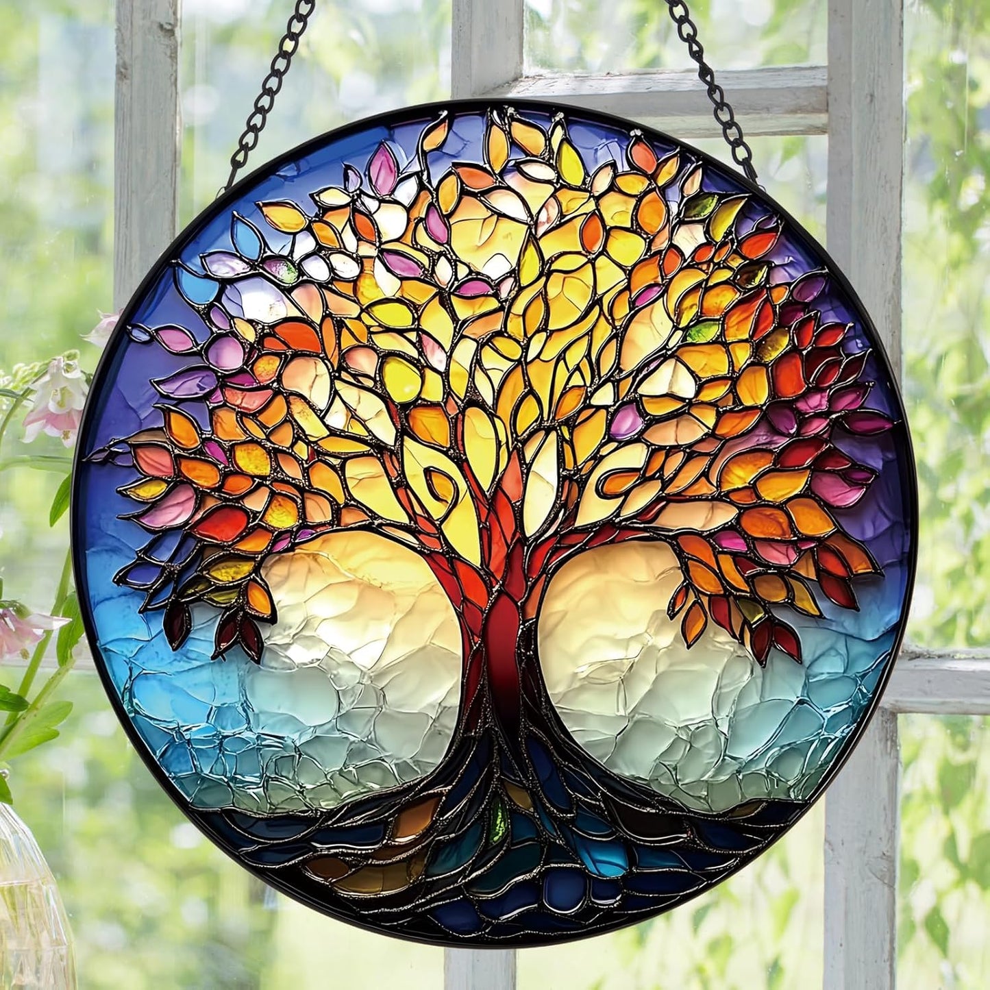Colorful Tree of Life Suncatcher -7.9 in Stained Glass Window Hanging Sun Catcher Garden Decor