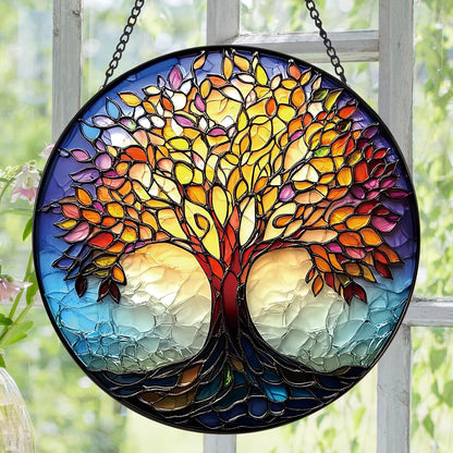 Colorful Tree of Life Suncatcher -7.9 in Stained Glass Window Hanging Sun Catcher Garden Decor