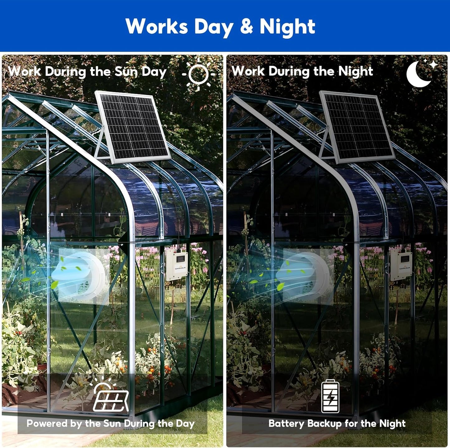 SUNYIMA Solar Powered Fan with Battery,20W Solar Panel Weatherproof+ 8'' Solar Exhaust Fan with 9.84Ft On/Off Cable for Greenhouse Circulation, Chicken Coop, Shed, Pet Houses, Ventilation