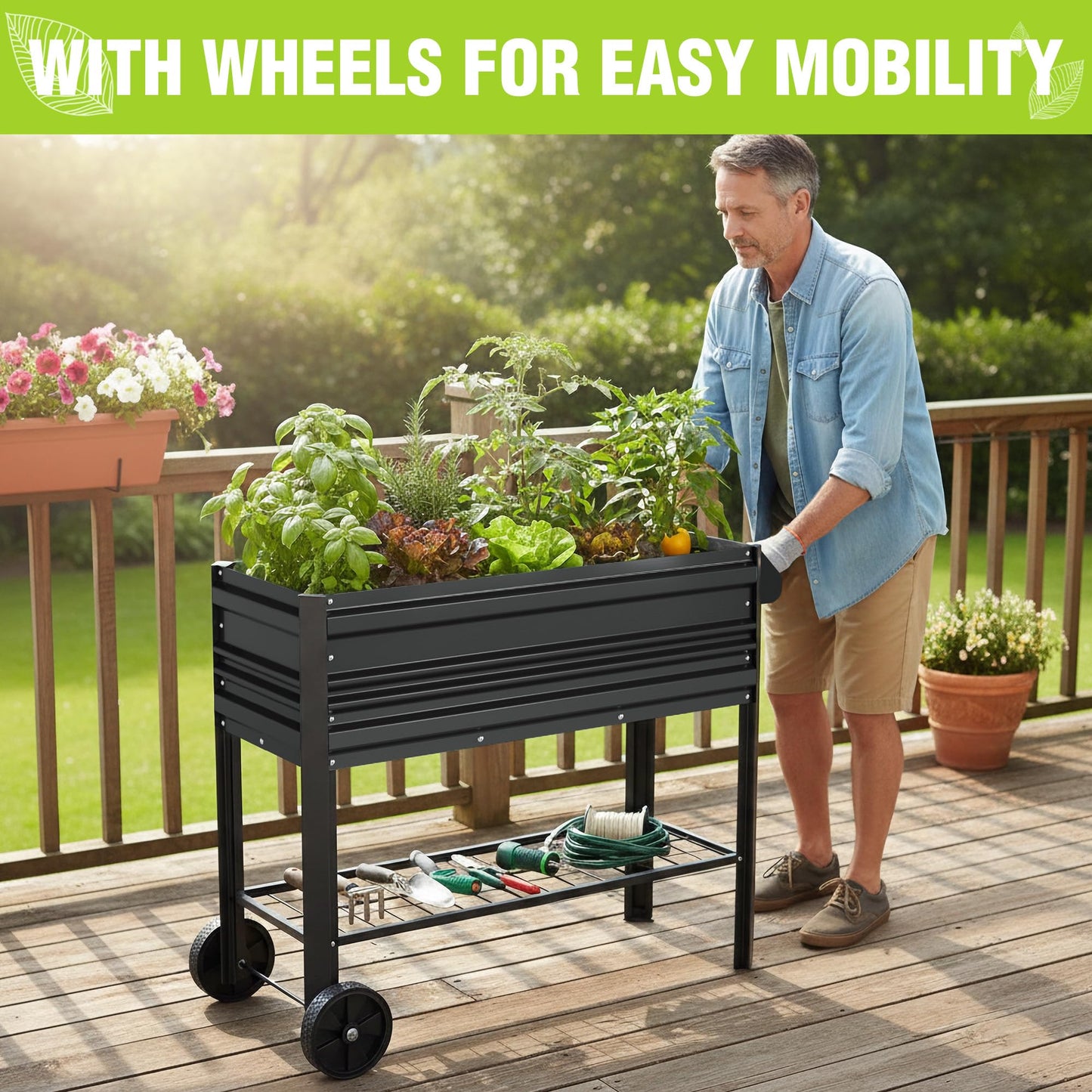 WORKPRO Galvanized Raised Garden Bed with Legs & Wheels, 37x14.6x31.6in, 400LB Capacity Elevated