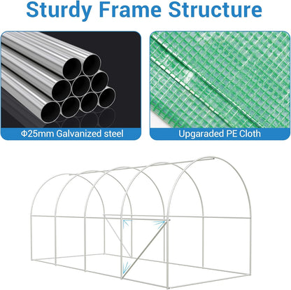 15x7x7 ft Walk-in Tunnel Greenhouse for Outdoor Gardening - Heavy Duty Galvanized Steel Hoop House with Green PE Cover, A Swing Door & 8 Vent Windows, Plant Protection & Year-Round Growing