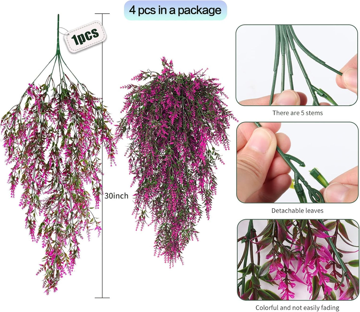 SJL Artificial Flowers for Outdoors Fake Hanging Plant Spring Fake Greenery UV Resistant Artificial Plant Faux Lavender Flower Hanging Greenery Vine for Wedding Farmhouse Porch Shelf Decor (Fuchsia)