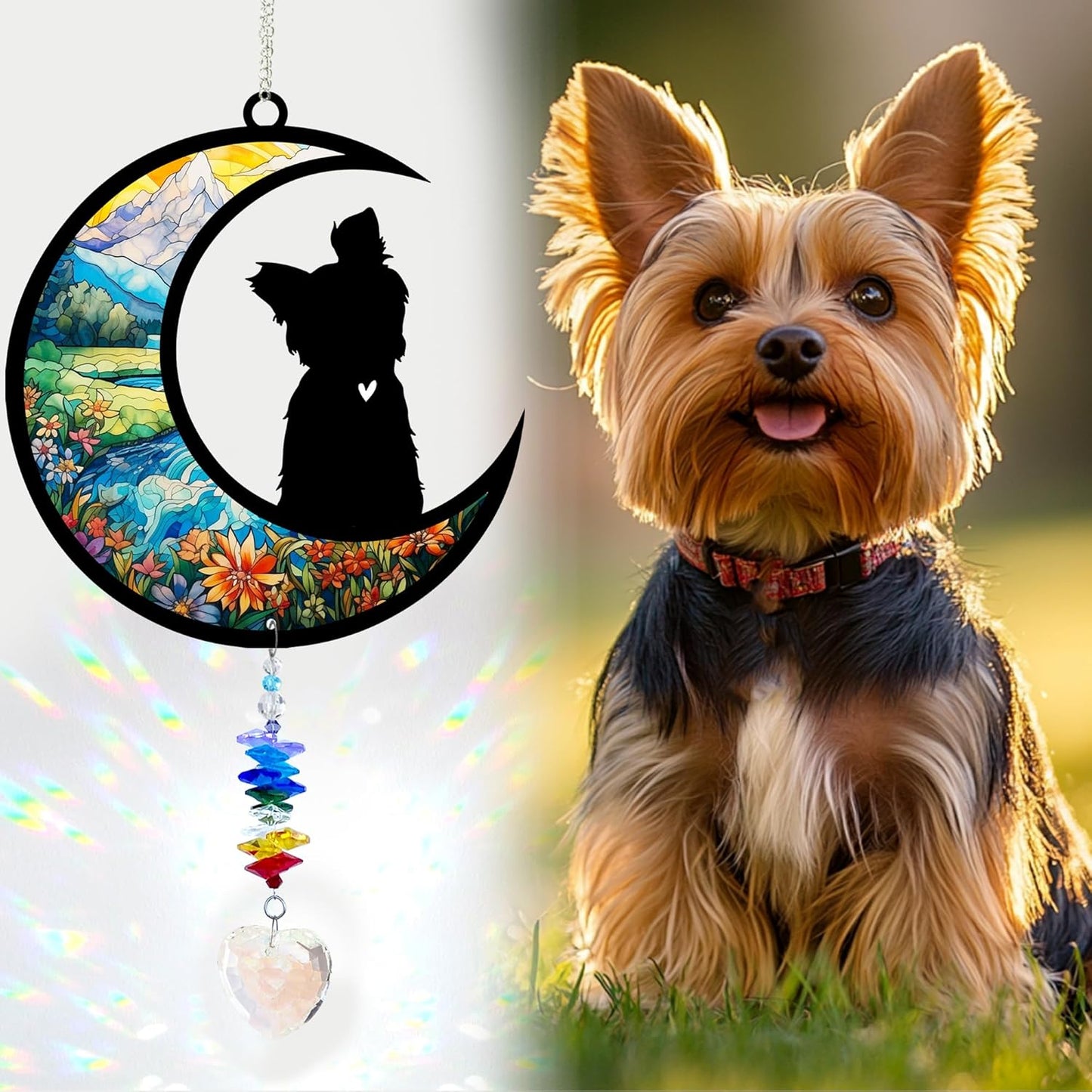 Yorkshire Terrier Suncatcher, Personalized Pet Loss Gift with Name & Date, Heart-Shaped Crystal Sun Catcher, Dog Remembrance Sympathy Rainbow Maker for Window & Garden