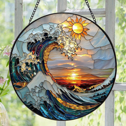The Ocean Waves and The Sunrise Suncatcher -7.9 in Stained Glass Window Hanging Sun Catcher Garden Decor