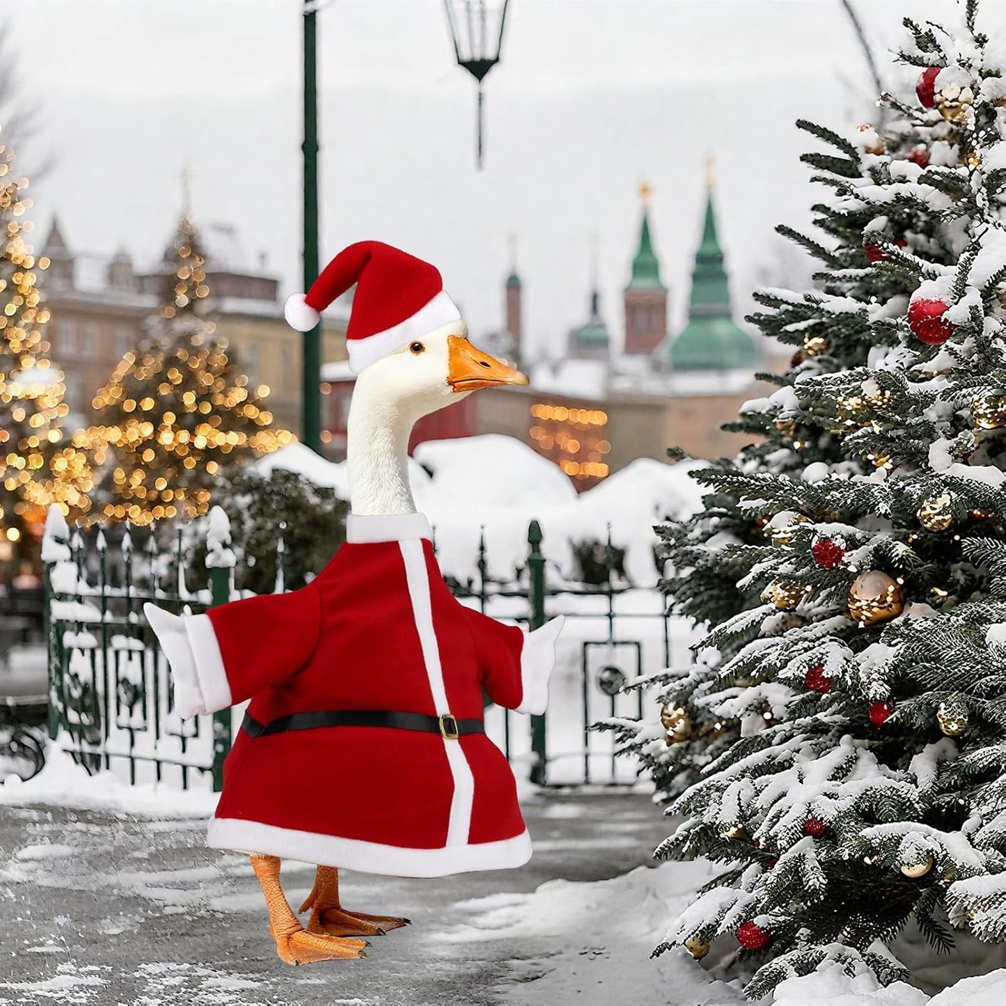 Porch Goose Outfits Christmas, Funny Silly Porch Goose Statue Accessories with Clothes Hat, Yard Lawn Goose Christmas Outfits Clothes for 23" Concrete Porch Geese Xmas Decorations (Red)