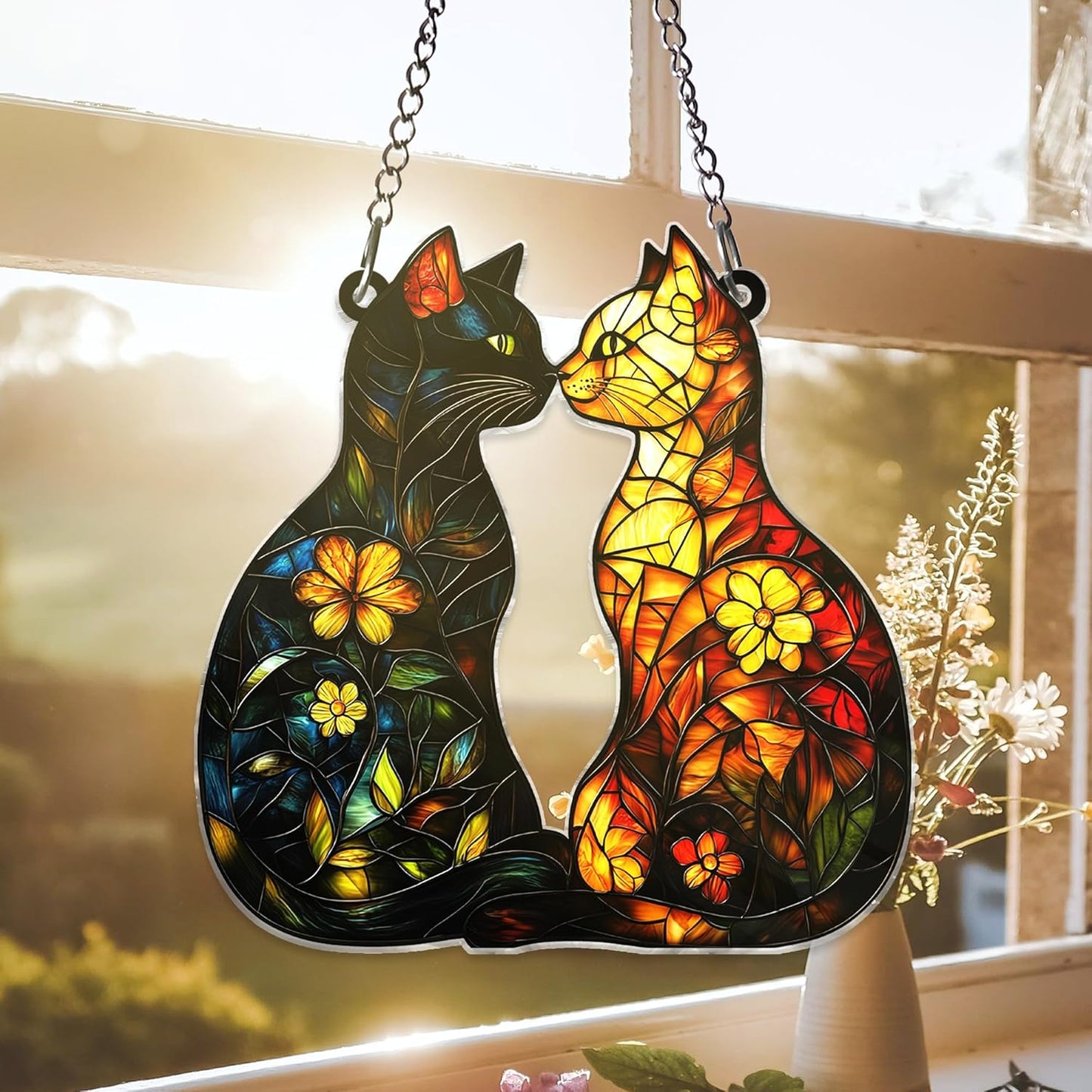 Cat Suncatcher – Acrylic Window Hanging of Two Cats in Love, Romantic Floral Cats Decor, Gift for Cat Lovers, Mom, Couple, Anniversary, Black Orange Cat's, Home Decoration (Sun-31)