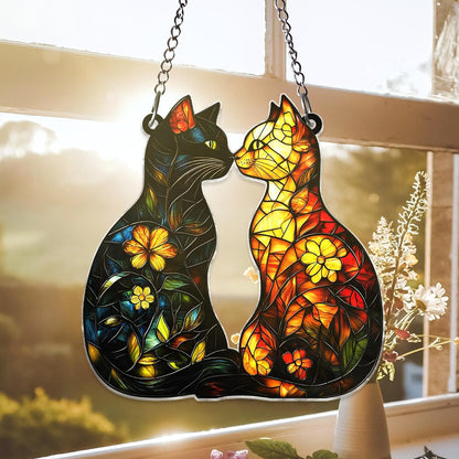 Cat Suncatcher – Acrylic Window Hanging of Two Cats in Love, Romantic Floral Cats Decor, Gift for Cat Lovers, Mom, Couple, Anniversary, Black Orange Cat's, Home Decoration (Sun-31)
