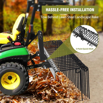 GAOMON 72 Inch Pine Straw Rake, 30 Coil Spring Tines Durable Powder Coated Steel Tow Behind Landscape Rake with 3 Point Hitch Receiver Attachment Fit to Cat0 Cat 1 Tractors for Leaves Grass, Black