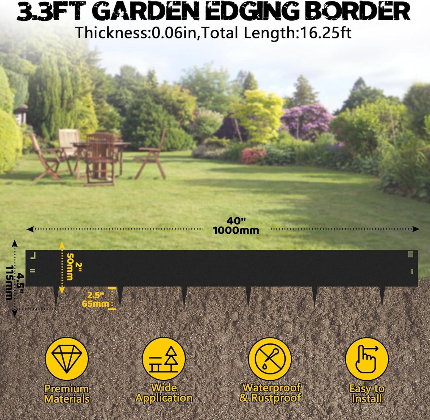 5Pack Galvanized Steel Landsacpe Edging,40“/L x 6.5"/H No Dig Edging for Landscaping,Garden Edging Lawn Border for Yard Pathway Divider(33FT Total Length)