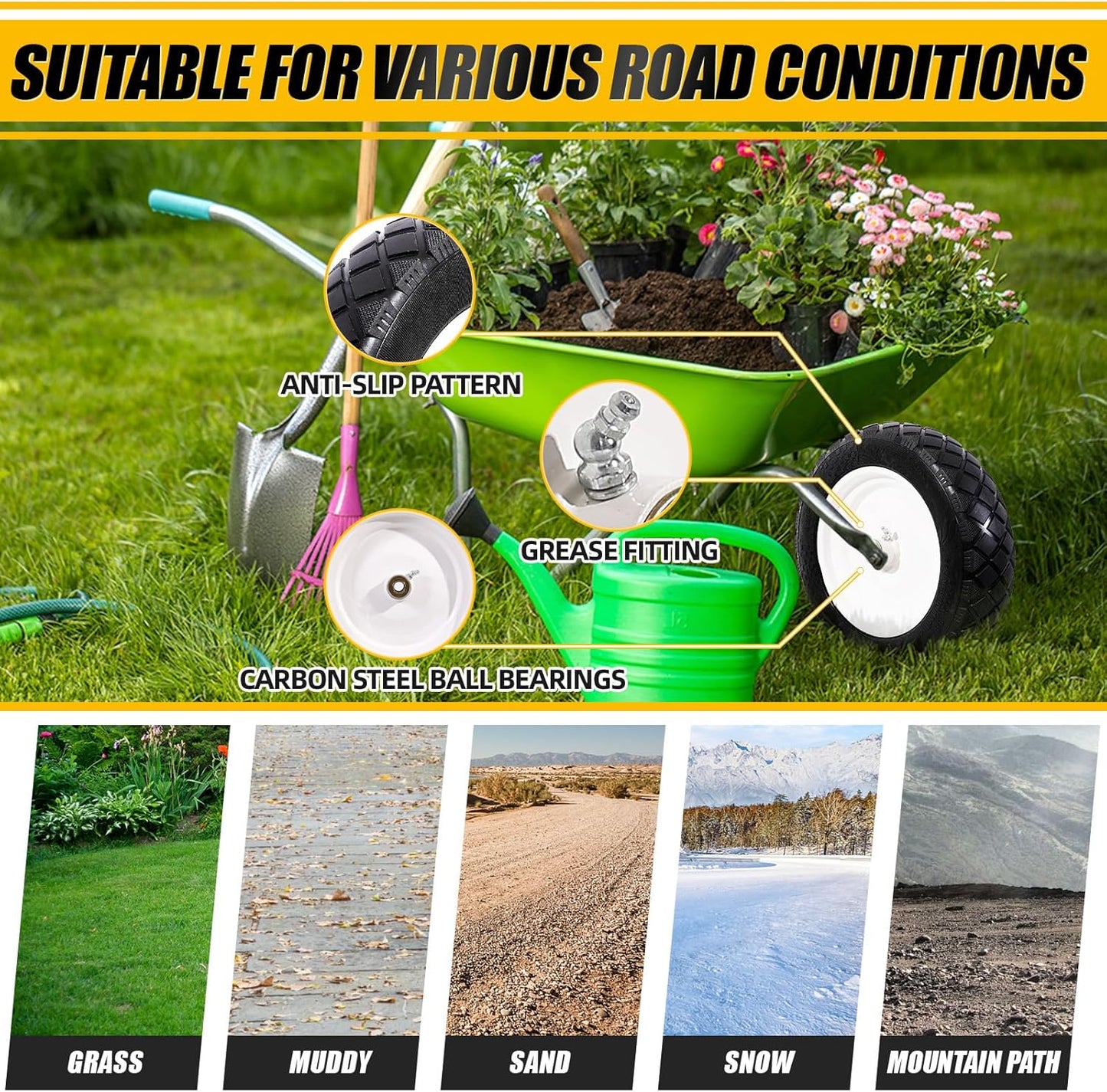 MZREXN 4.80/4.00-8" Flat Free Tire and Wheel 15" Solid Wheelbarrow Tires, 3.00-4.00/4.80-8" with 5/8" & 3/4" Bearings, 3" Centered Hub for Hand Truck Garden Trailers Utility Cart Yard Wagon 2PCS White