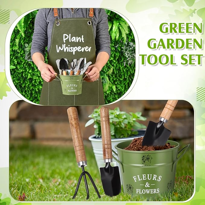 Tarpop Green Garden Tool Set Plant Whisperer Gardening Gifts for Women, 7 Piece Vegetable Planting Tool Kit with Cap Canvas Apron Green Leaf Gloves Soil Scoop Transplant Trowel Cultivator Flower Tub