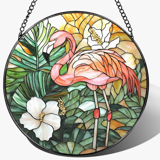 8″ Stained Glass Window Hanging Ornament, Flamingo Stained Glass Suncatcher Ornament, Sun-Catcher