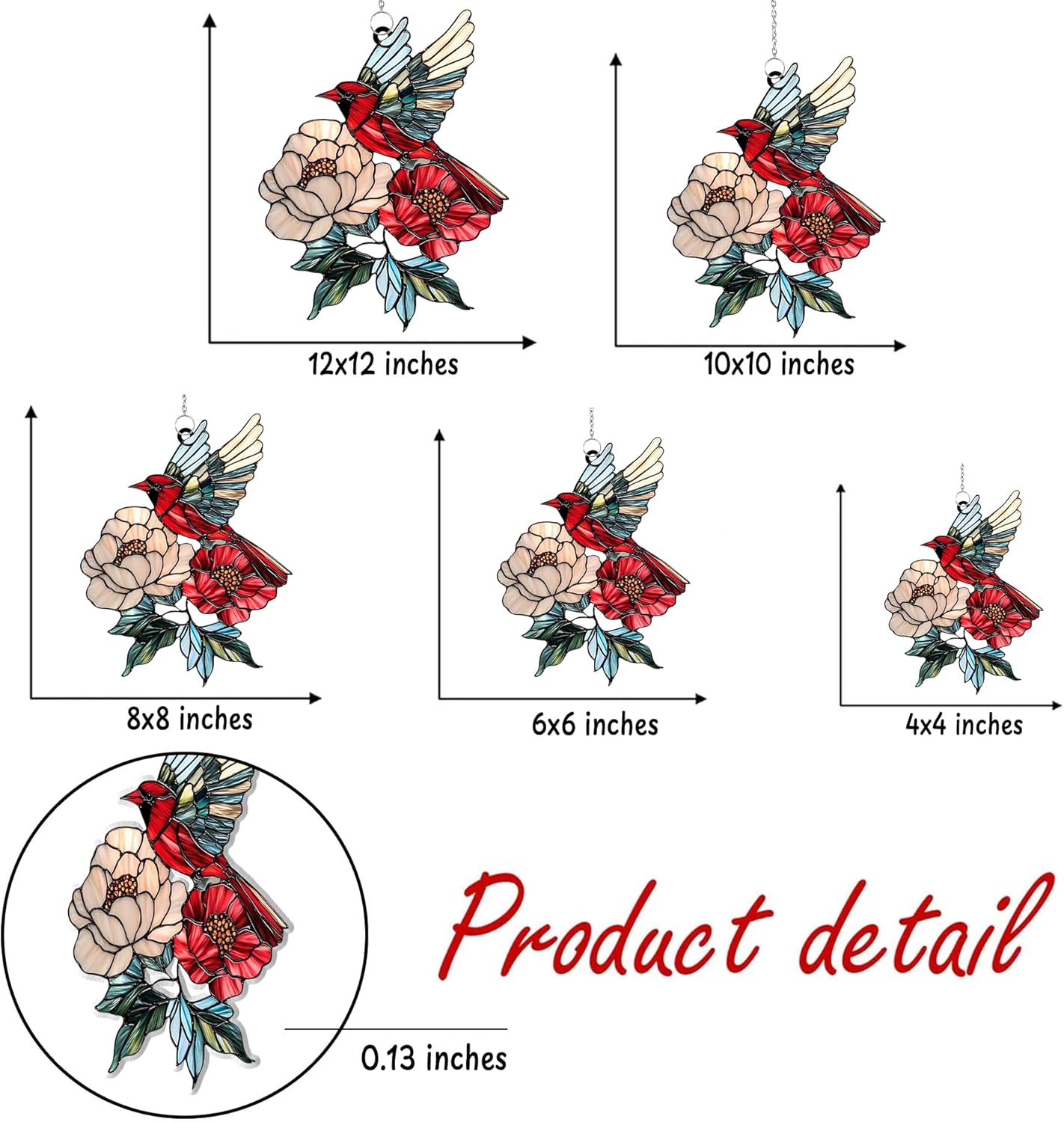 Cardinal Acrylic Suncatcher Stained Glass Effect Memorial Window Car Hanging Christmas Ornament Indoor Outdoor Decor Garden Sympathy Sun Catcher Panel for Family for Women Mom Grandma