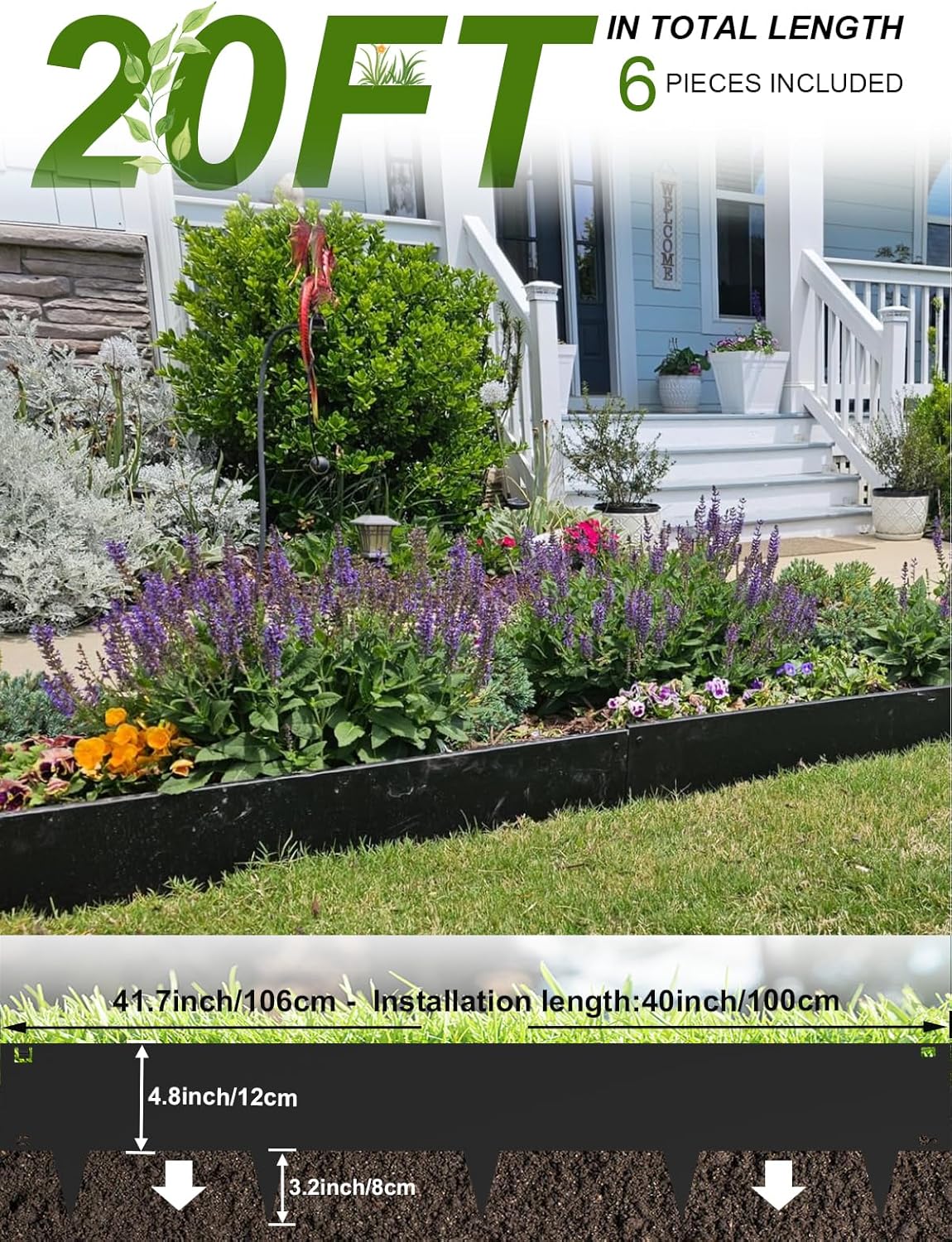 Landscape Edging Border, 40" L x 8" H 6Pack 20FT Total Black Galvanized Steel Garden Edging,Easy Installation,Sturdy Elegant Metal Lawn Broder for Flower Beds, Pathways, Paver Edges and Yard
