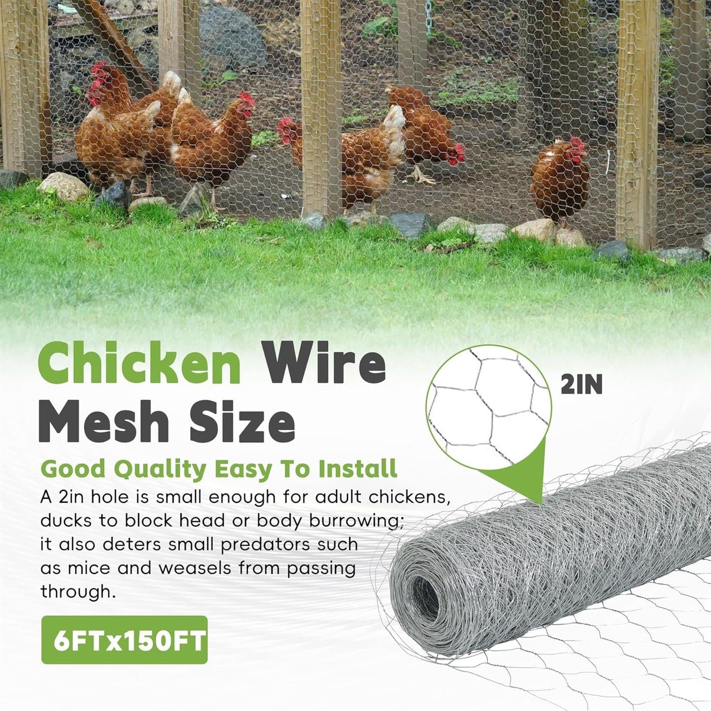 HOSTIC 6FTx150FT Chicken Wire Netting 2IN Galvanized Wire Mesh Hexagonal for Poultry Garden Fencing Barrier