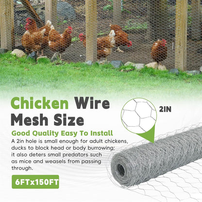 HOSTIC 6FTx150FT Chicken Wire Netting 2IN Galvanized Wire Mesh Hexagonal for Poultry Garden Fencing Barrier
