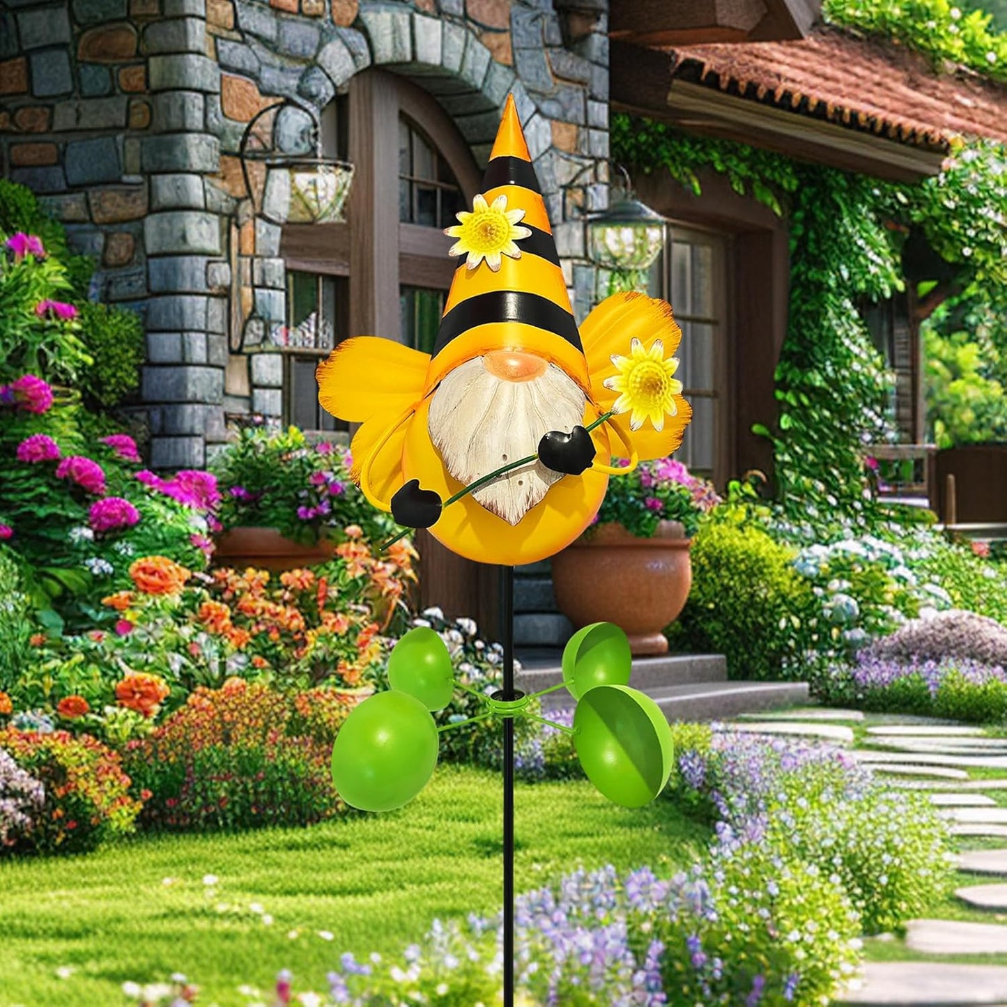 HONGLAND Gnome Metal Yard Art, Gnomes Garden Statue Outdoor Decor, 48 inch Gnome Decorations 360 Degrees Swivel Wind Spinner for Outdoor Patio Garden Backyard Décor - Bee