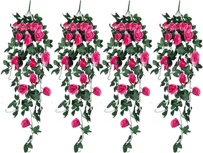 RECUTMS Artificial Rose 4Packs Fake Hanging Flower Faux Ivy Vine Plants for Home Window Garden Office Patio Planter Pathway Front Porch (Rose Red)