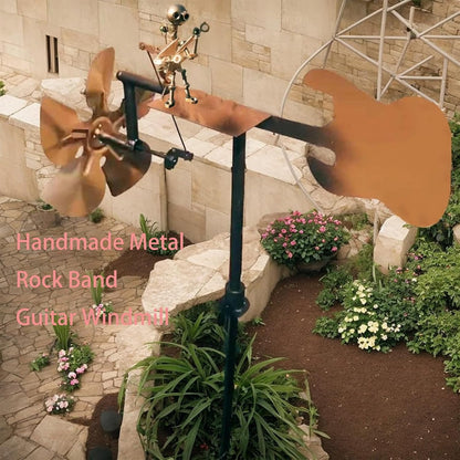 Garden Handmade Metal Rock Band Drummer Guitar Windmill, Kinetic Art Metal Sculpture Wind Spinners, Percussionist Music Rockin Art Figurine, Windmills for Yard Lawn Patio Outdoor Decor (Guitar)