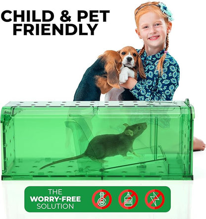 Humane Mouse Trap Pack of 4 - No Kill - Live Mouse Traps Indoor for Home Use - Reusable Rodent Traps for House Indoor, Safe & Effective Rat Trap Outdoor - Humane Mice Control with Cleaning Brush