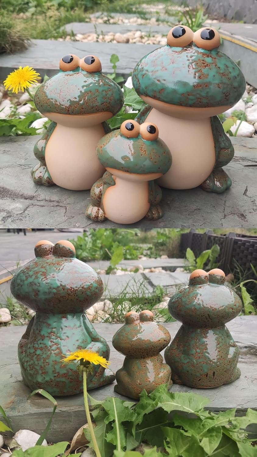 Frog Statues for Garden, Ceramic Frog Garden Decor for Outside, Cute Outdoor Yard Decorations Set of 3, Yard Decorations Gifts for Women, Mom, Grandma, Family and Friends (Green)